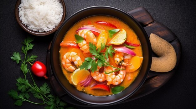 Moqueca con pescado y camarones en cuenco negro