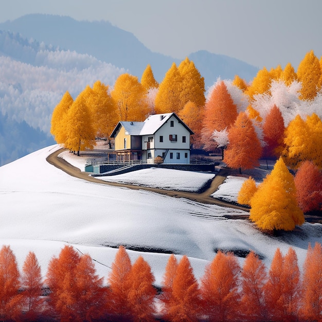 La morada de otoño es una casa acogedora en medio de campos montañosos de colores.