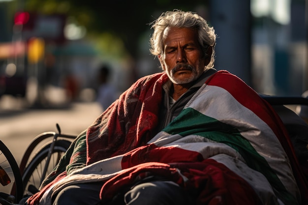 Morador de rua dormindo na calçada enrolado na bandeira do México