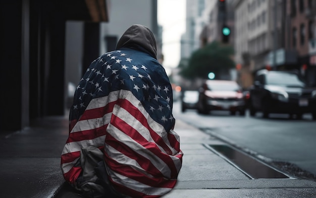 Morador de rua pede esmola em calçada coberta com bandeira americana