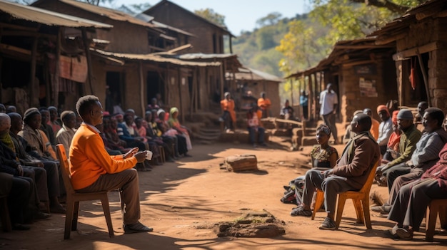 Moradores de SaintLouis Senegal sentam-se juntos em reunião em vila africana