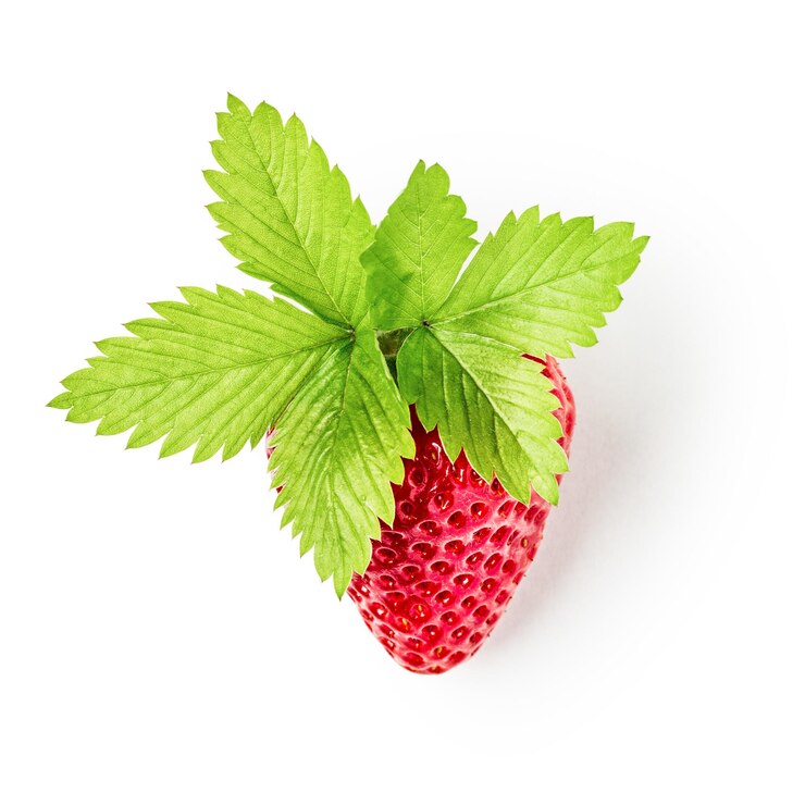 Foto morango fresco com composição de folhas isolada no caminho de recorte de fundo branco alimentação saudável e dieta conceito primavera frutas e bagas arranjo vista superior elemento de design plano leigo