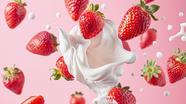Foto morangos caindo em creme de leite ou iogurte em fundo rosa sobremesa de morango