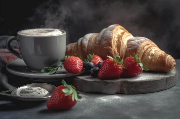 Foto morangos croissants e uma chávena de café quente em fundo escuro