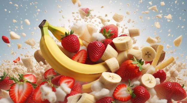 morangos e bananas com frutas splash generativa IA