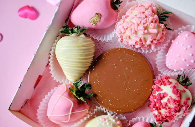 Morangos em chocolate em uma caixa com corações espalhados em um fundo rosa Doce presente para o dia dos namorados