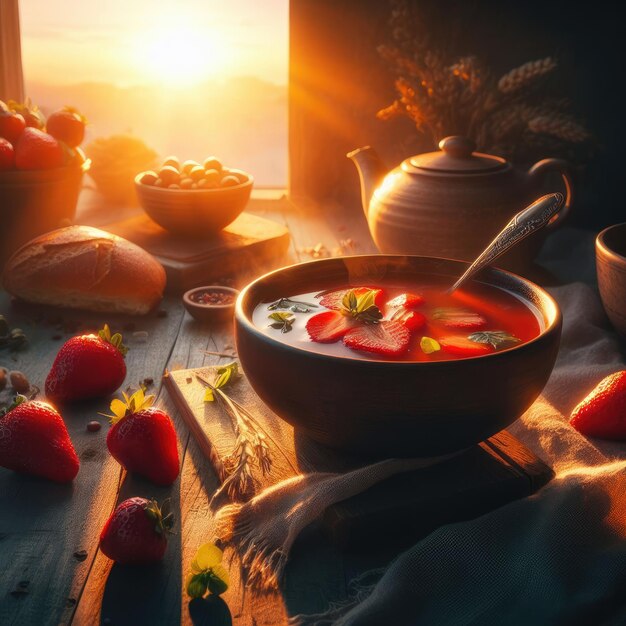 Foto morangos em uma tigela ao pôr do sol pela manhã