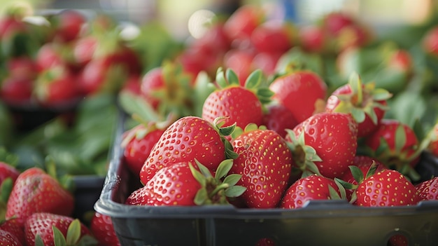 Morangos frescos exibidos em um mercado de agricultores local