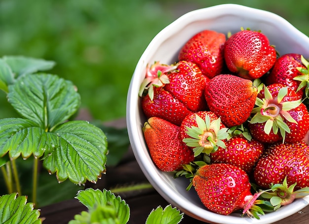 Morangos frescos no jardim Alimentos orgânicos Bagas saudáveis numa tigela Frutas vermelhas