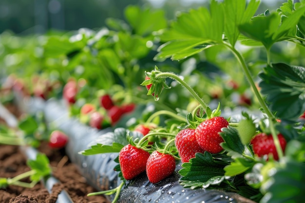 Morangos pendurados em plantas em estufa