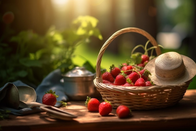 Morangos recém-colhidos em uma cesta com chapéu de sol e verão de ferramentas de jardinagem