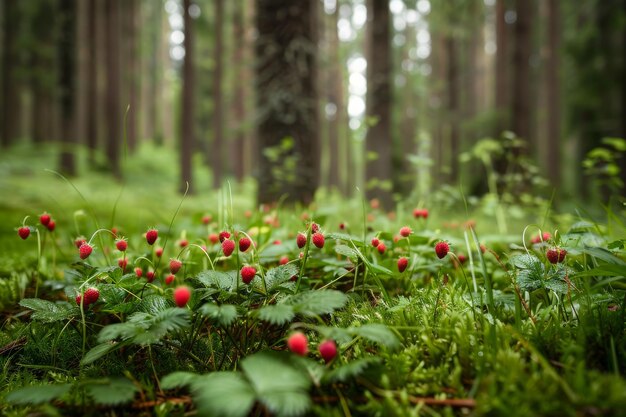 Morangos selvagens crescendo em uma floresta exuberante