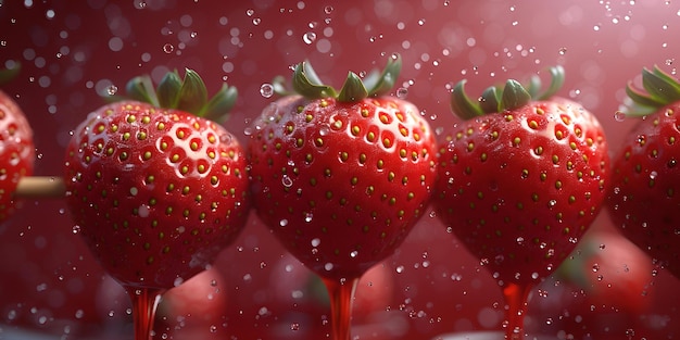 Morangos vermelhos frescos suspensos no ar com gotículas de água frutas vibrantes e deliciosas em close-up para uma alimentação saudável bagas suculentas AI visual