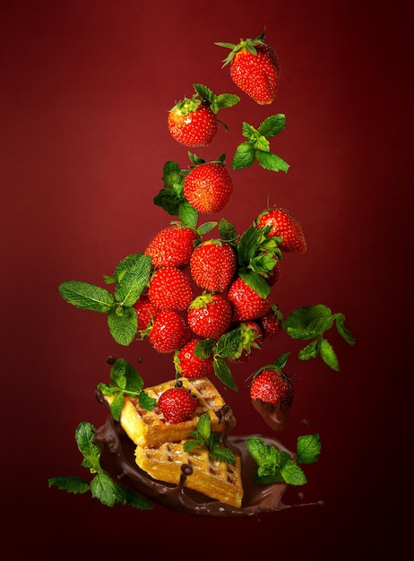 Morangos voadores com folhas verdes com muffins de waffle com cobertura de chocolate em um fundo cor de vinho