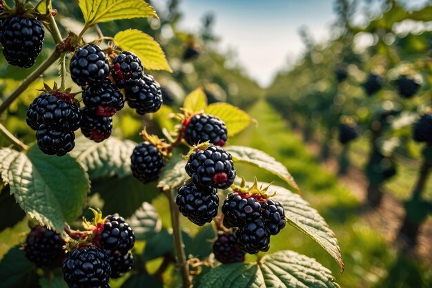 moras en un árbol con un huerto de moras en el fondo