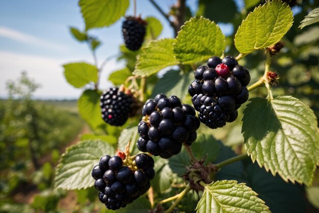 moras en un árbol con un huerto de moras en el fondo