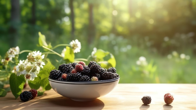 Moras en un bol sobre una mesa de madera fondo de verano verde borroso