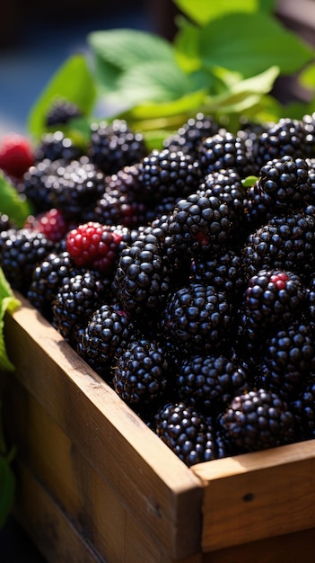 Foto moras frescas en una canasta en una mesa de madera foco selectivo