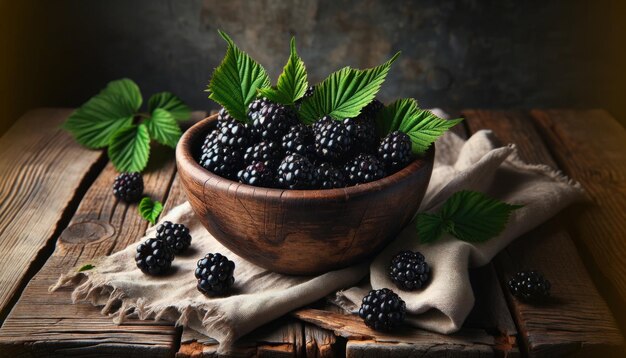 Moras frescas en un cuenco de madera