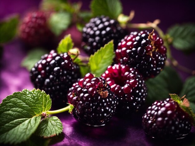 moras con hojas verdes y fondo negro