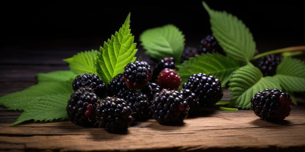 Moras jugosas en madera rústica Moras frescas con hojas vibrantes AI Generativo