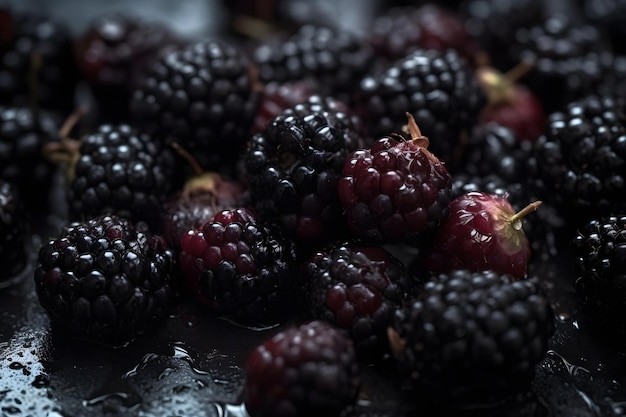 Moras en un plato con gotas de agua