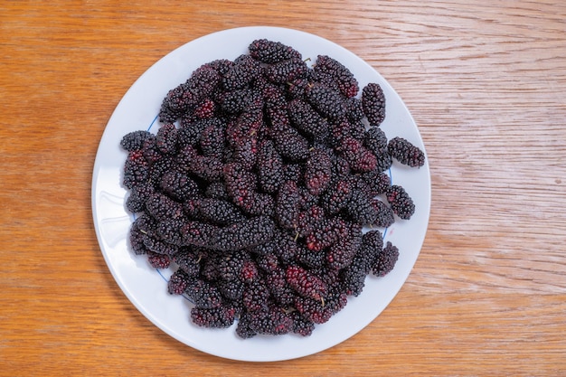 Moras recién cosechadas en un plato blanco