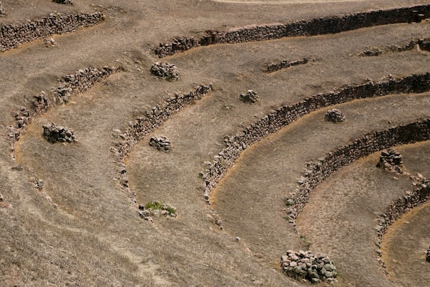 Moray en Cusco, Valle Sagrado, Perú. Terrazas agrícolas en el Valle Sagrado.