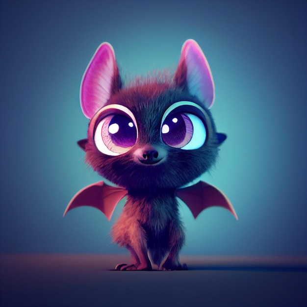 Morcego bebê fofo com olhos grandes 3D renderização ilustração dos desenhos animados