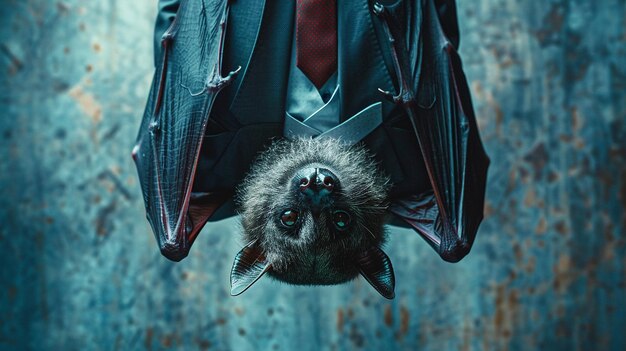 Morcego caprichoso em fato de negócios pendurado de cabeça para baixo