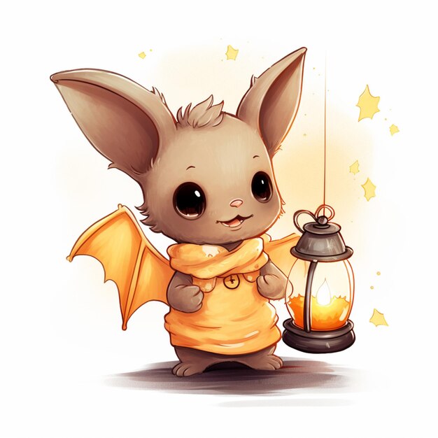 morcego de desenho animado segurando uma lanterna com estrelas e uma estrela generativa ai