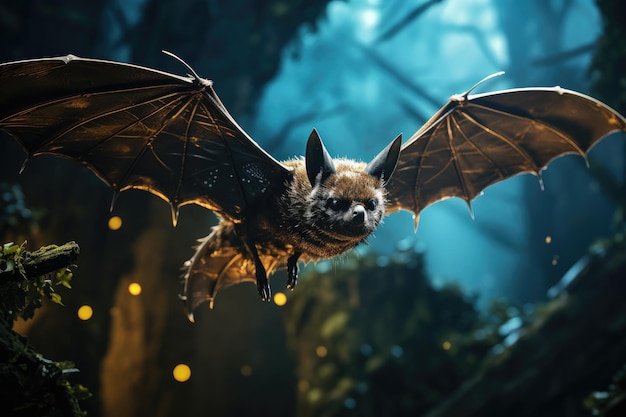 Morcego noturno emerge sob a lua cheia na misteriosa floresta generativa IA
