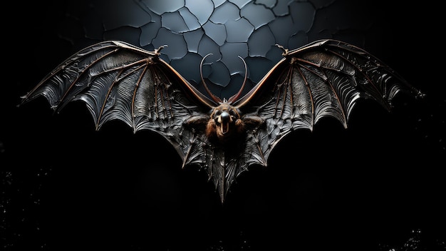 Morcego recheado com orelha longa e asas abertas na parede rachada
