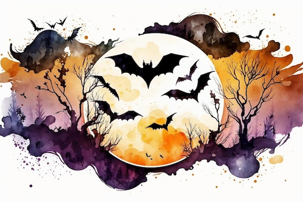 Morcegos aquarelados e lua cheia para o Halloween IA geradora