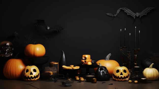 Morcegos de abóbora elegantes em fundo escuro com espaço de cópia Design de banner de venda de Halloween IA generativa
