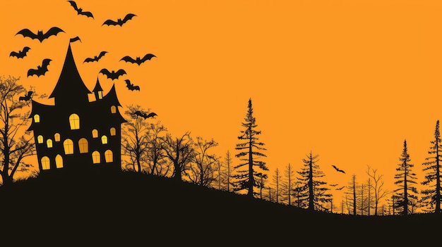 Foto morcegos de casa assombrados e árvores assustadoras em fundo laranja
