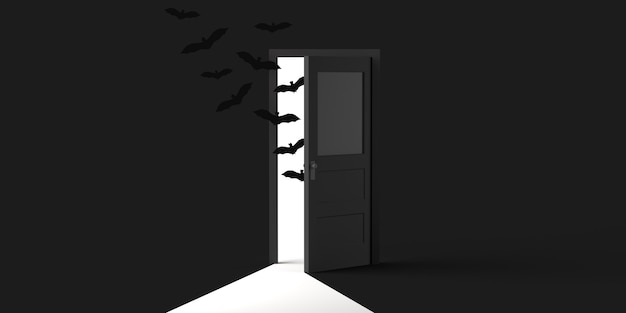 Foto morcegos saindo de uma porta entreaberta no halloween. copie o espaço. ilustração 3d.