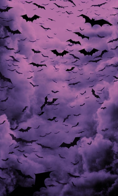 Foto morcegos voando no céu com um fundo roxo generativo ai