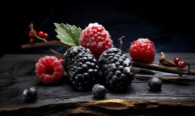 Morcilla congelada y grosella roja con hielo sobre un fondo negro