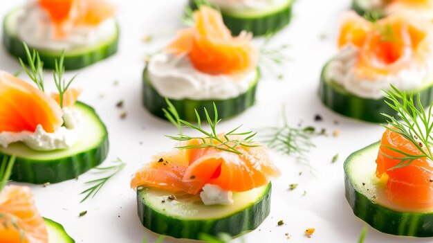 mordidas de pepino com salmão fumado e queijo creme em fundo branco Generative Ai