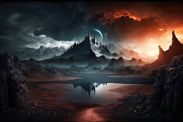 Mordor-Landschaft mit Bergkette und ahnungsvollem Himmel