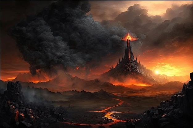 Mordor-Landschaft mit feurigem Himmel und dunklen Rauchsäulen im Hintergrund