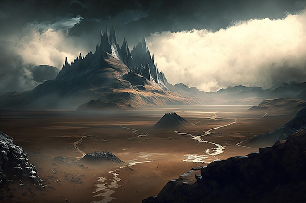 Mordor-Landschaft mit Nebel, der über das karge Land rollt