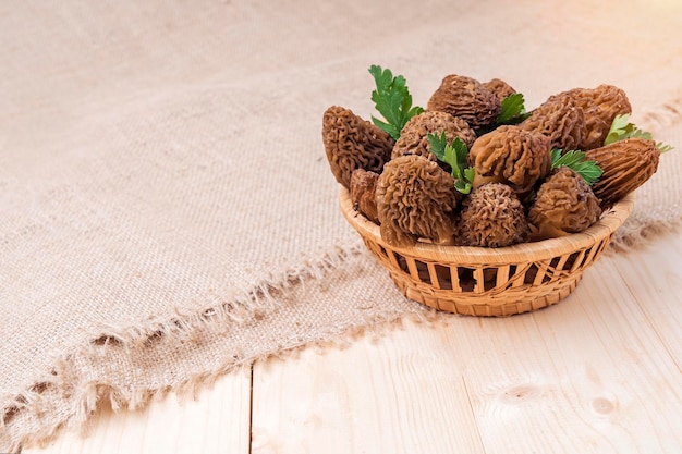 Morel hongos en una canasta con hojas de perejil copia espacio