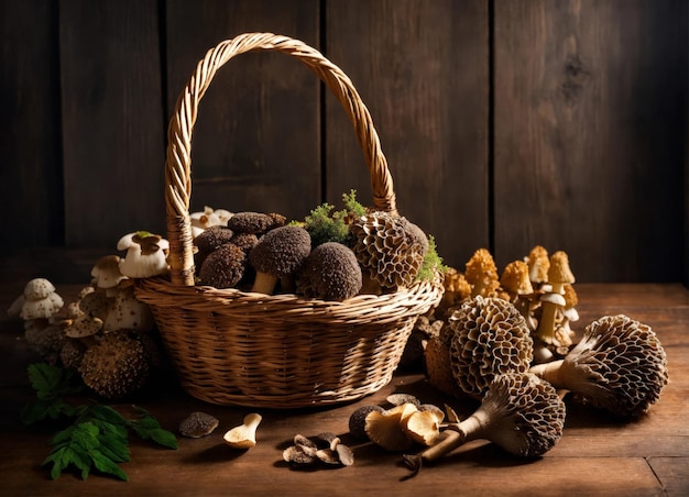 Morel-Pilze in einem Korb auf einem Holztisch
