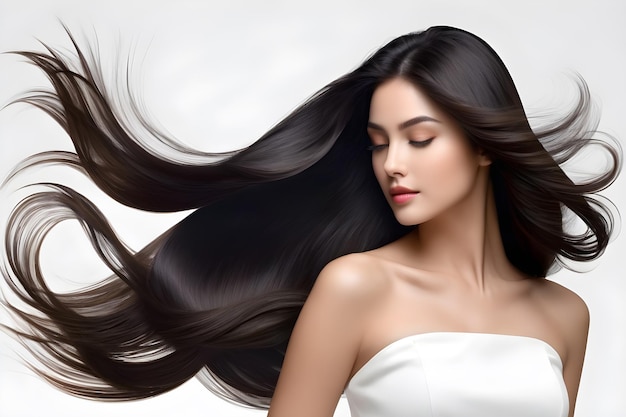 morena con el cabello largo en un fondo blanco publicidad de champú