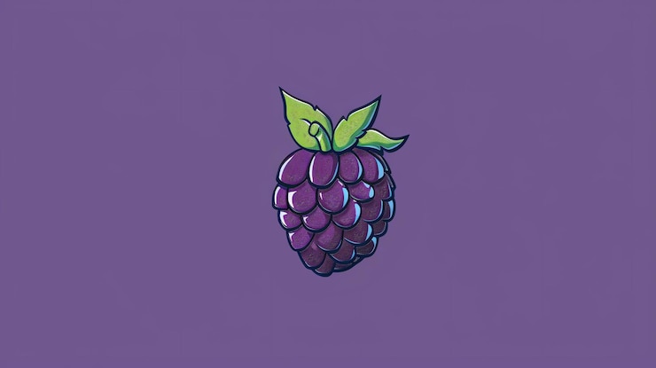 Foto una morera de dibujos animados con un simple fondo púrpura la morera es brillante y se ve deliciosa tiene un tallo con dos hojas verdes