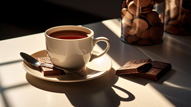Foto morgen eleganz kaffee becher und schokolade auf marmor-tisch