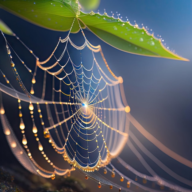 Morgen Spinnennetz mit Tautropfen Wasserfeuchtigkeit auf dem zarten Seidennetz Frühlings-Close-up