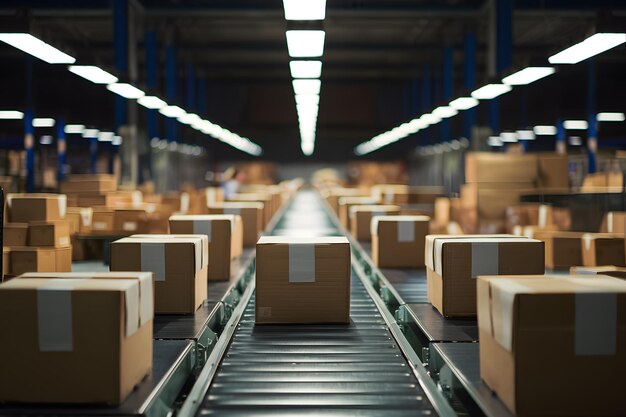 Morgen-Warehouse-Workflow-Kisten bewegen sich während der Arbeit entlang des Beförderbandes